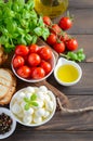 Italian food ingredients Ã¢â¬â mozzarella, tomatoes, basil and olive oil on rustic wooden table. Royalty Free Stock Photo